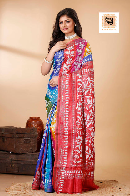 Renbow Color Dye Tussar White Color Thread Work Floral Motif Kantha Stitch Saree