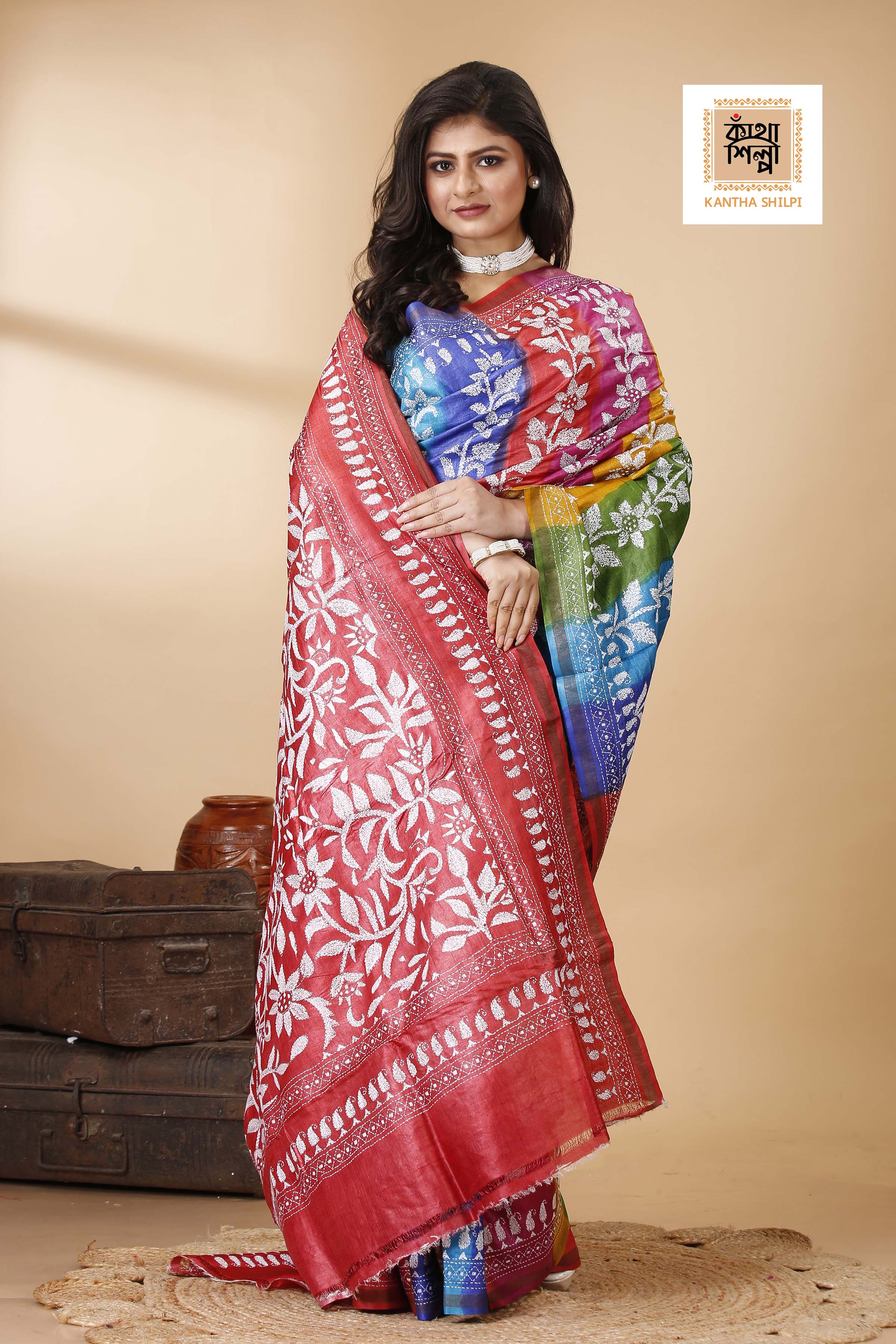 Renbow Color Dye Tussar White Color Thread Work Floral Motif Kantha Stitch Saree