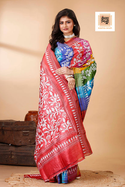 Renbow Color Dye Tussar White Color Thread Work Floral Motif Kantha Stitch Saree
