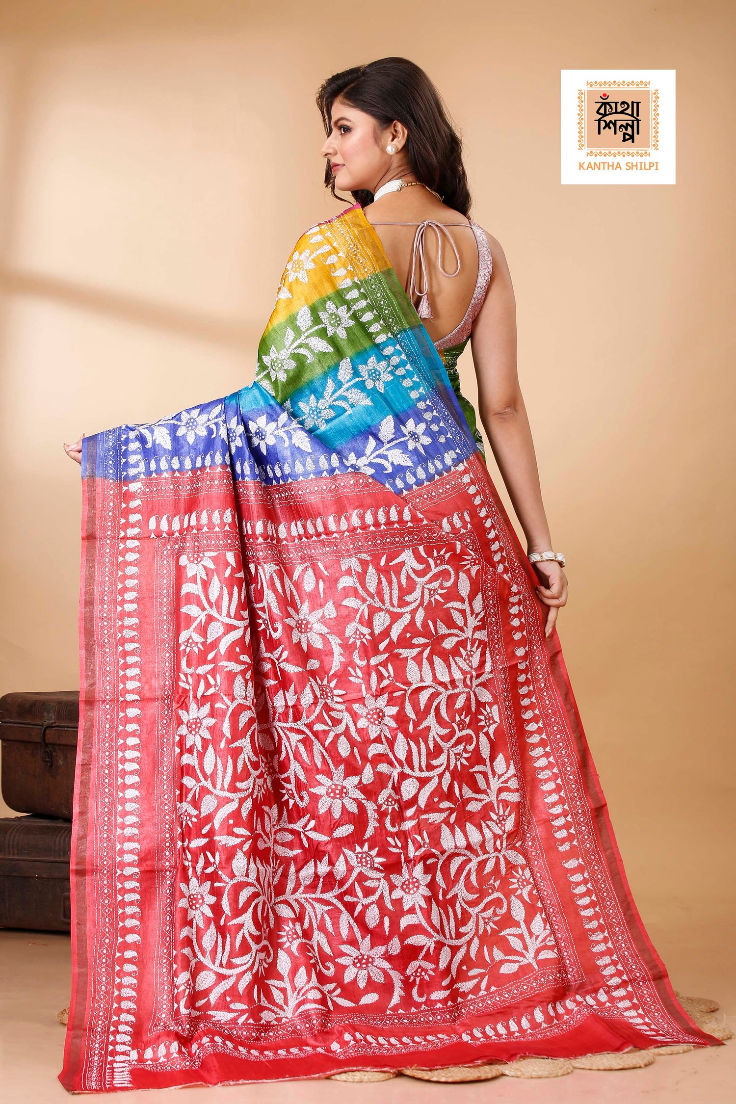 Renbow Color Dye Tussar White Color Thread Work Floral Motif Kantha Stitch Saree