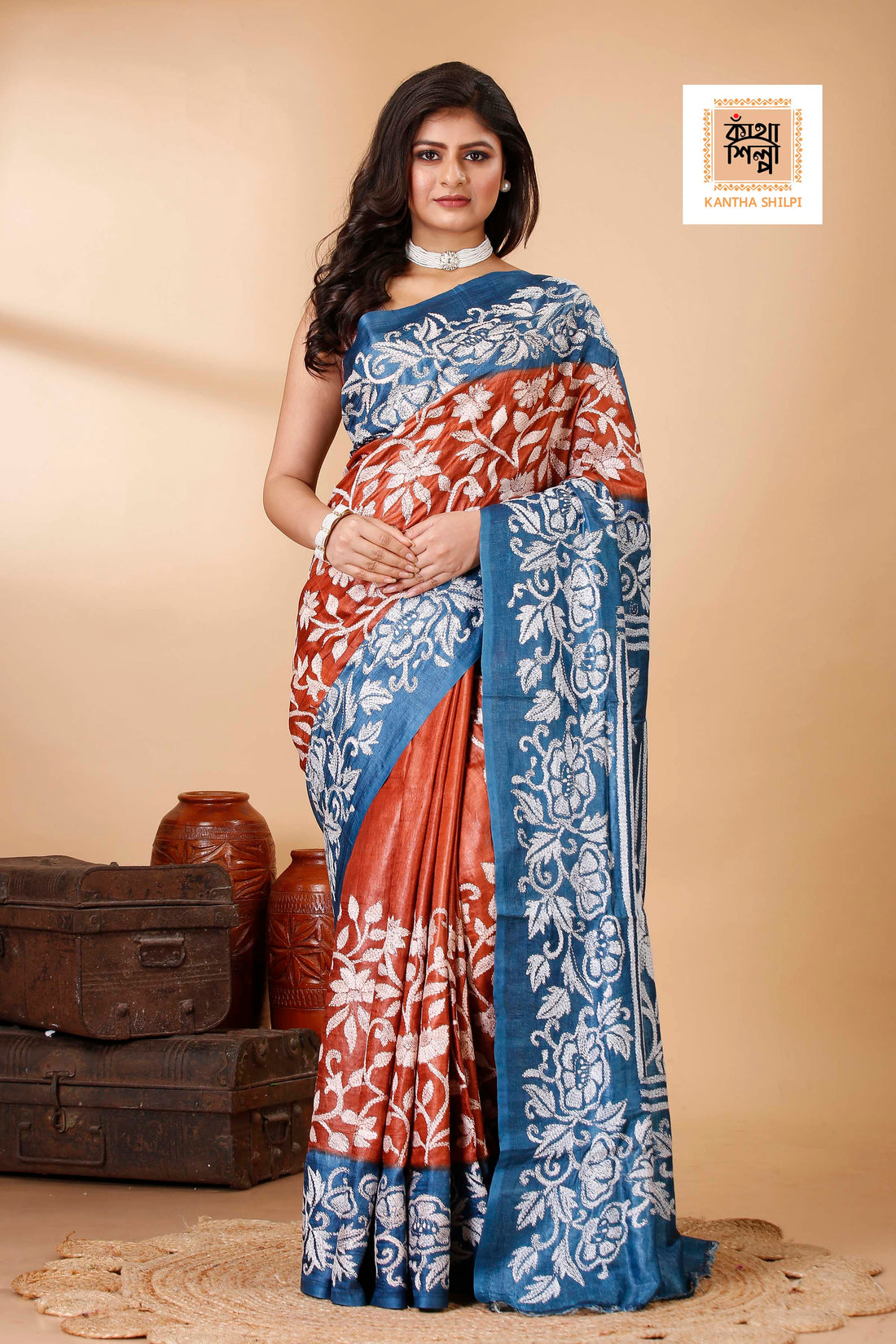 Terra Cotta Color Dye Tussar White Color Thread Work Floral Motif Kantha Stitch Saree