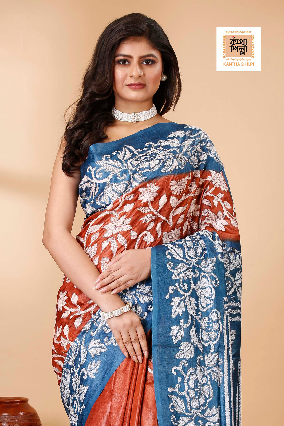 Terra Cotta Color Dye Tussar White Color Thread Work Floral Motif Kantha Stitch Saree