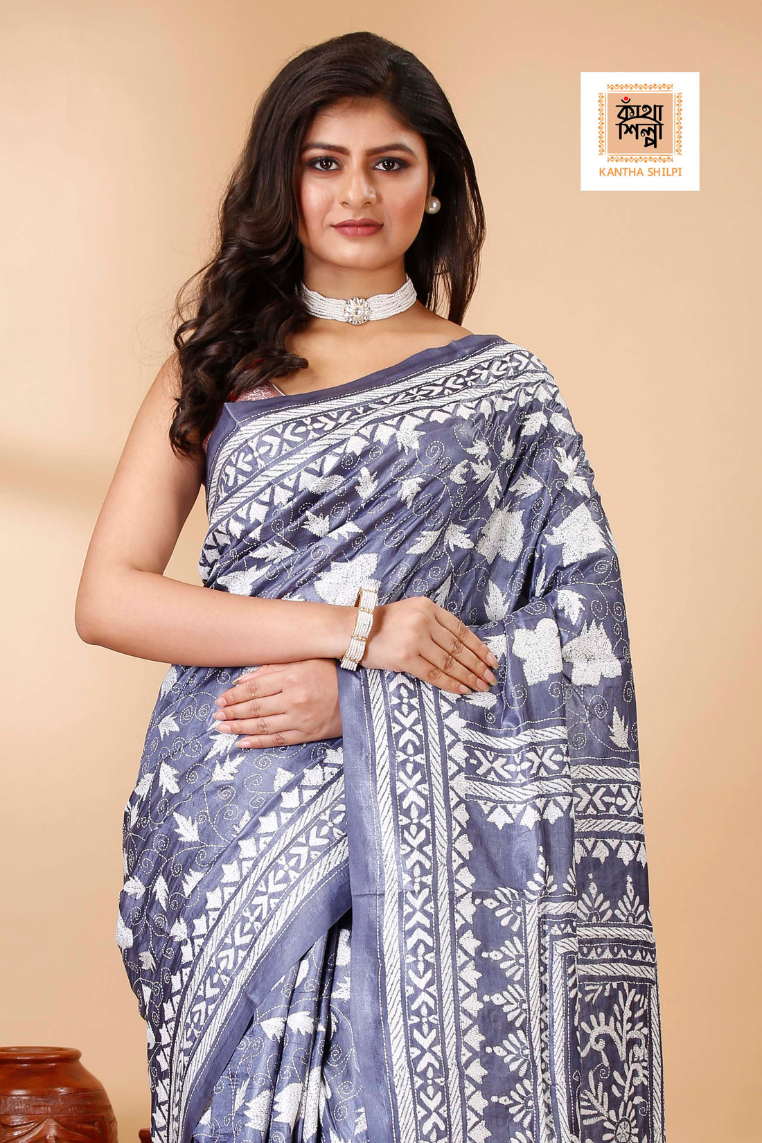 Lavender Gray Color Dye Tussar White Color Thread Work Floral Design Kantha Stitch Saree