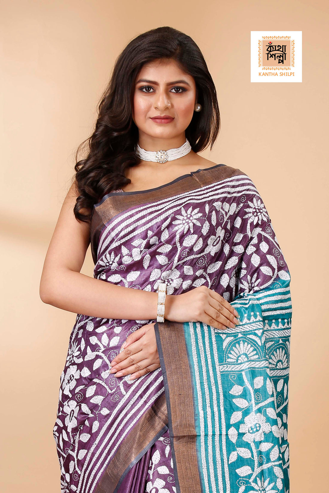 Purple Color Dye Tussar White Color Thread Work Floral Design Kantha Stitch Saree