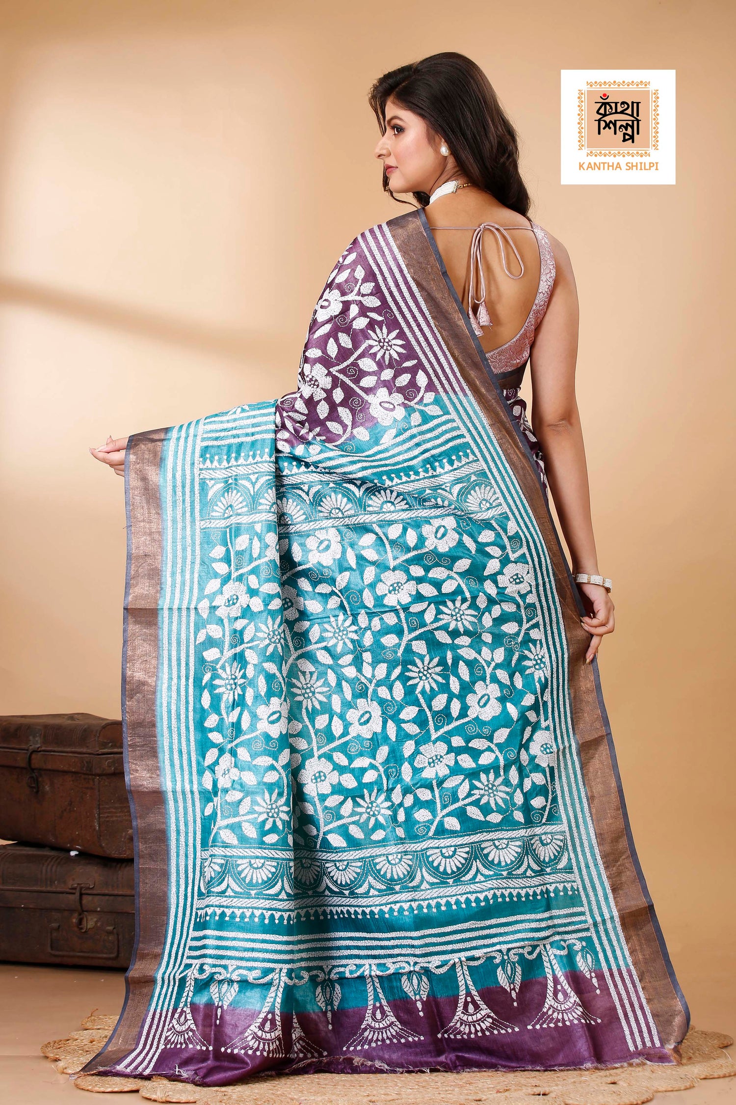 Purple Color Dye Tussar White Color Thread Work Floral Design Kantha Stitch Saree