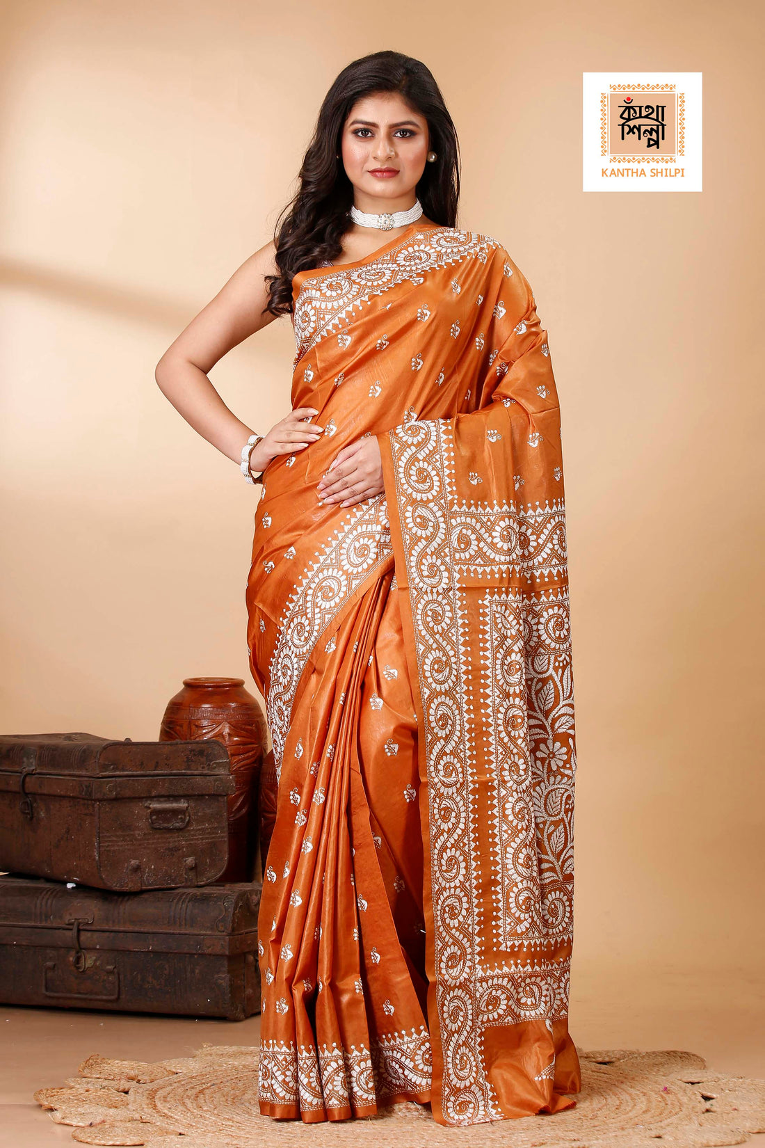 Pure Bangalore Silk White Color Thread Work Floral Kantha Stitch Saree