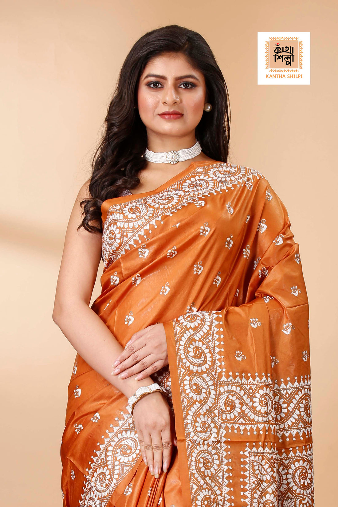 Pure Bangalore Silk White Color Thread Work Floral Kantha Stitch Saree
