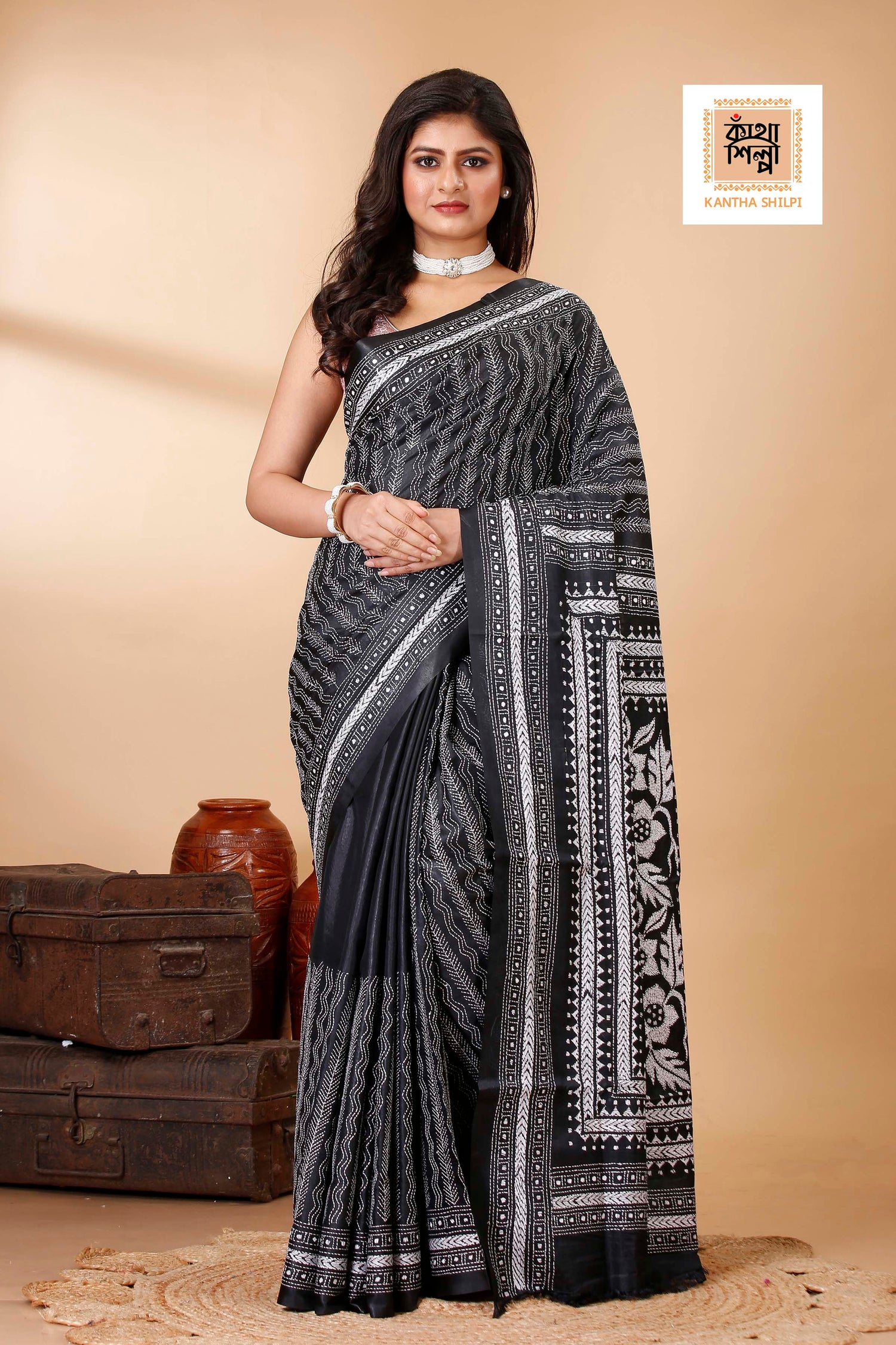 Bangalore Silk Single Thread Work Kantha Stitch Saree
