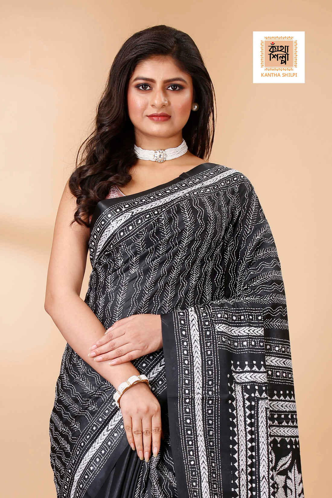 Bangalore Silk Single Thread Work Kantha Stitch Saree