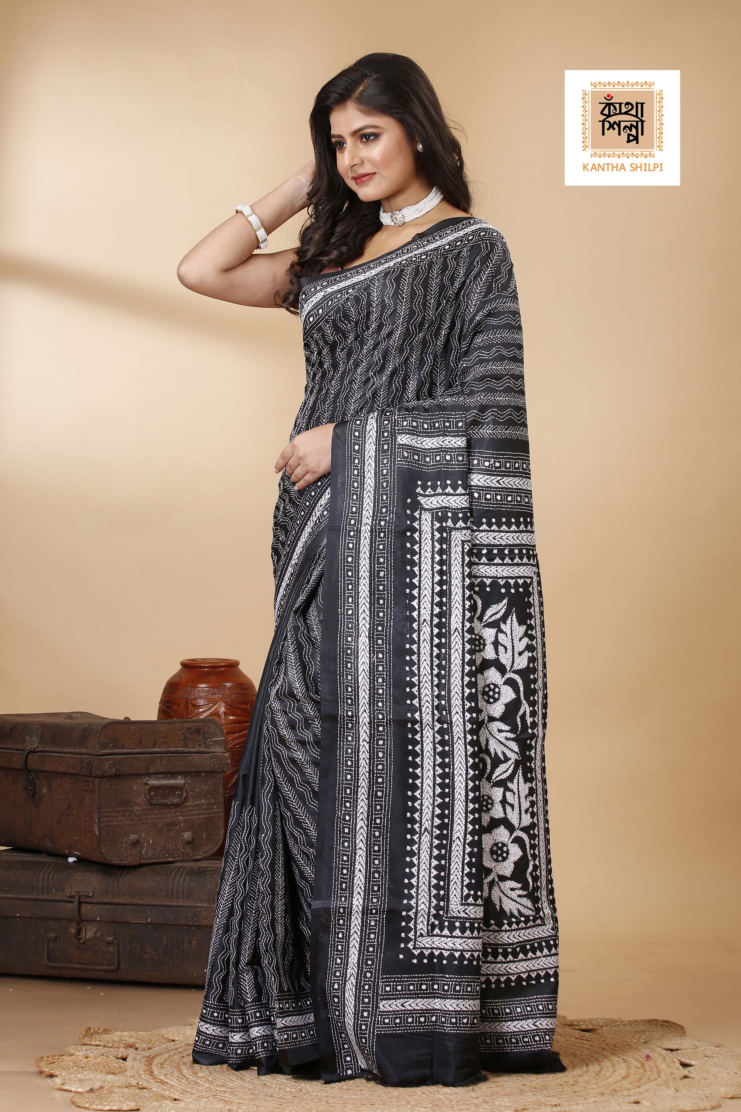 Bangalore Silk Single Thread Work Kantha Stitch Saree