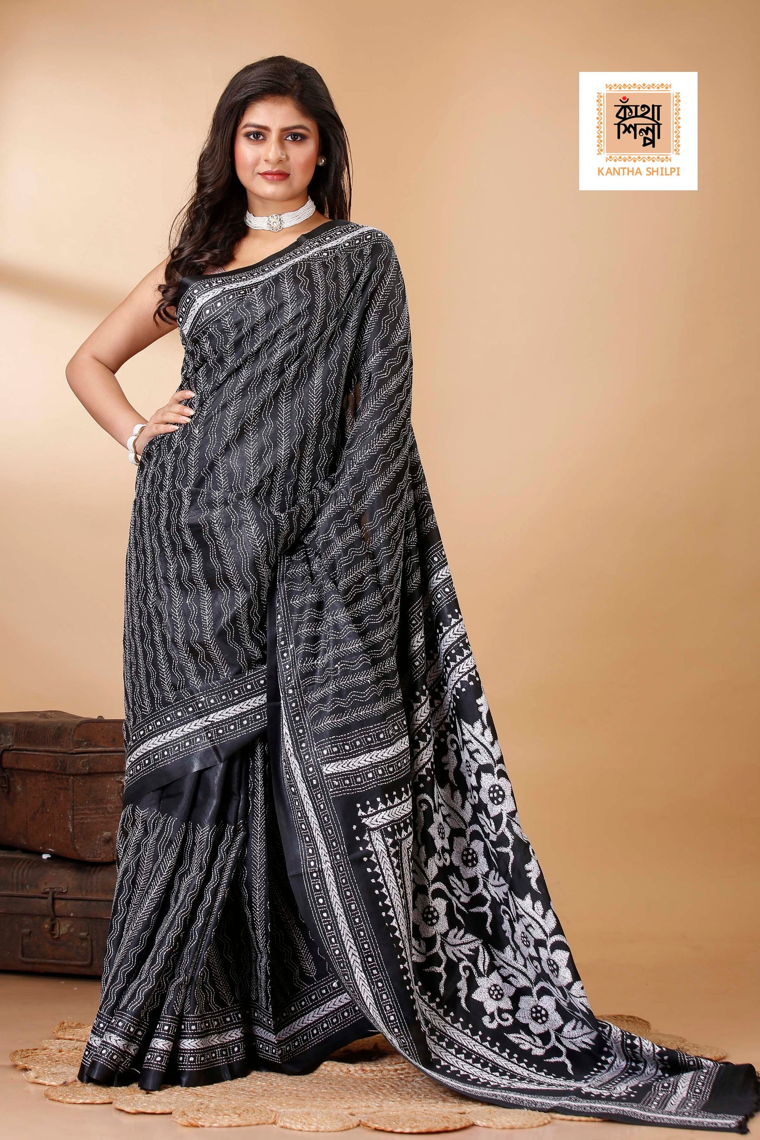 Bangalore Silk Single Thread Work Kantha Stitch Saree