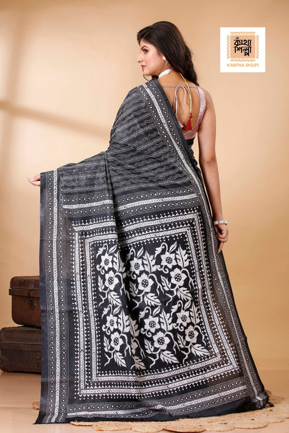 Bangalore Silk Single Thread Work Kantha Stitch Saree