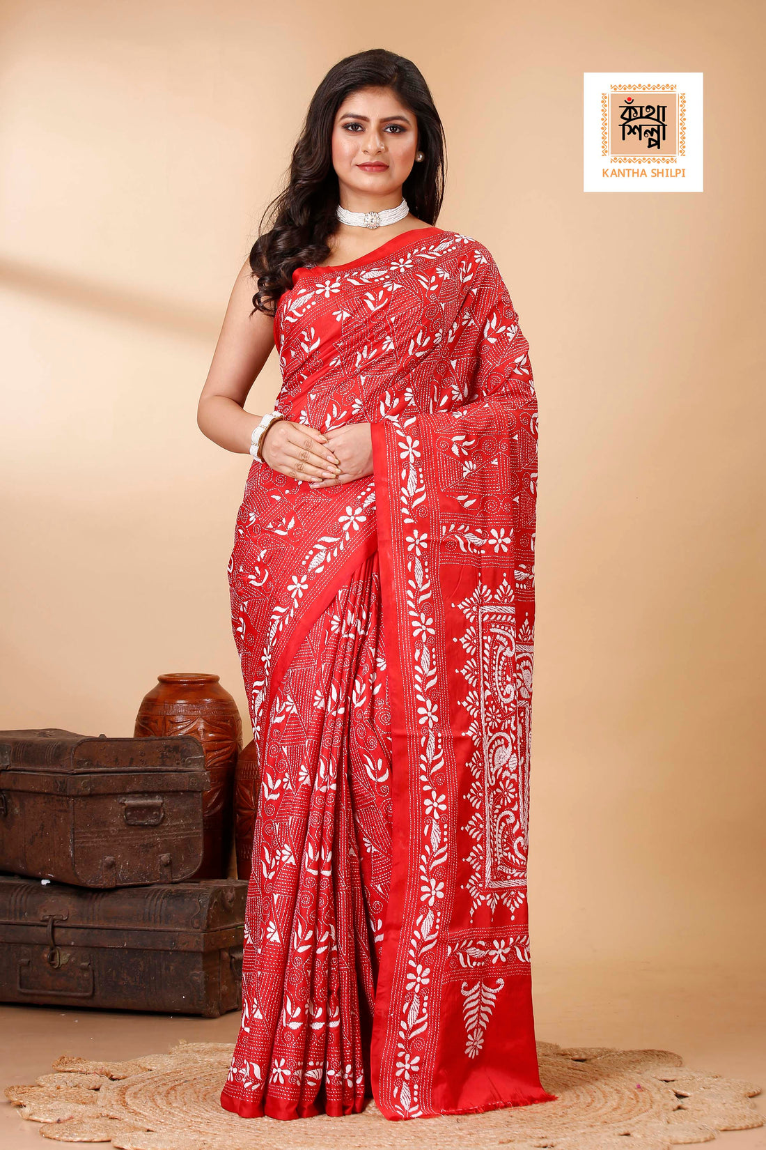 Bangalore Silk Single Thread Work Kantha Stitch Saree
