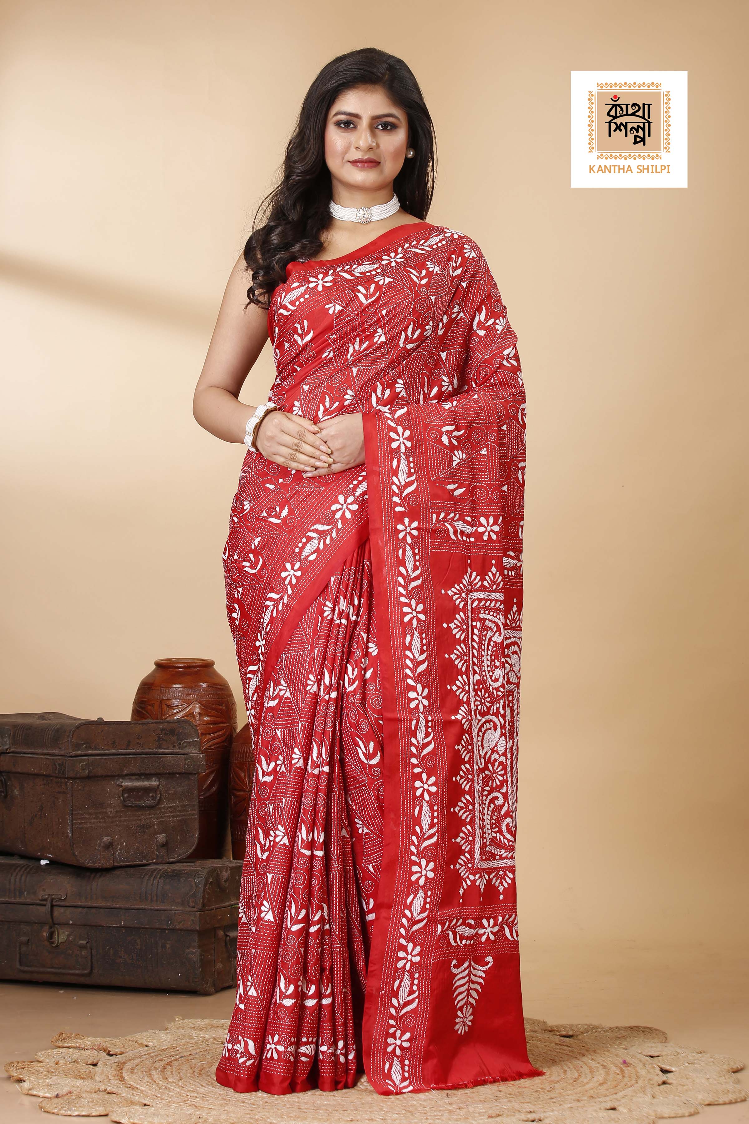 Bangalore Silk Single Thread Work Kantha Stitch Saree