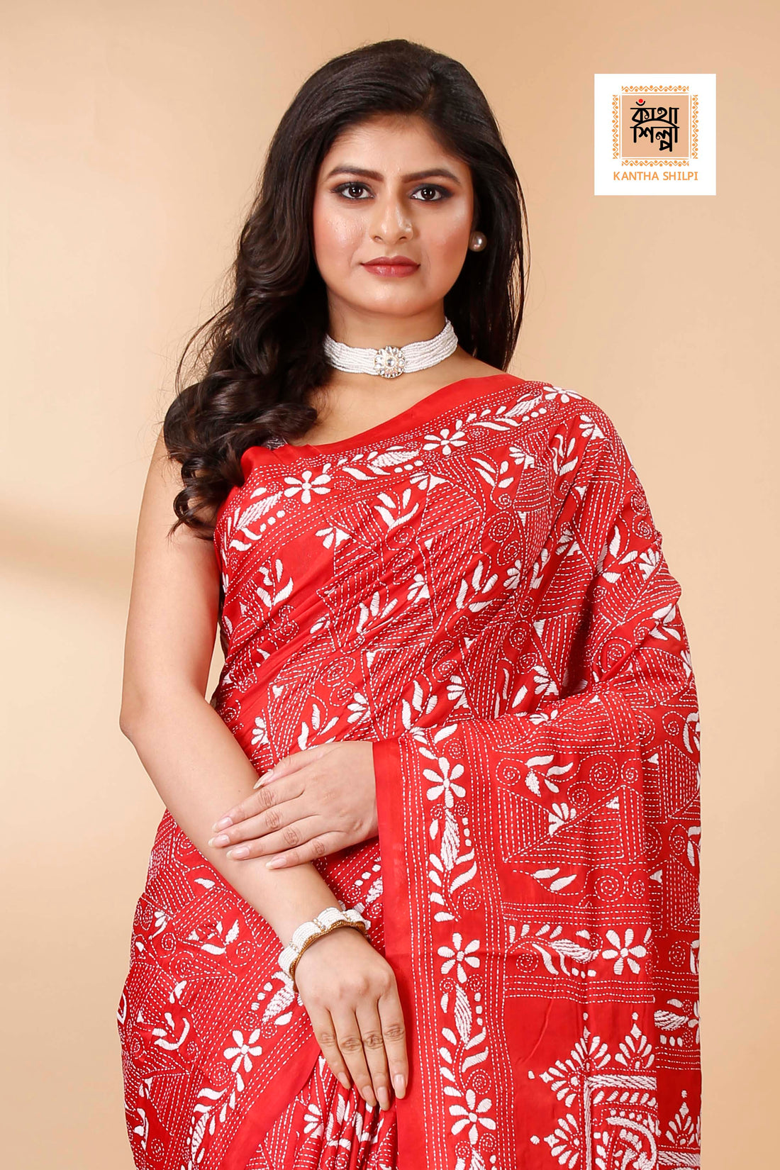 Bangalore Silk Single Thread Work Kantha Stitch Saree