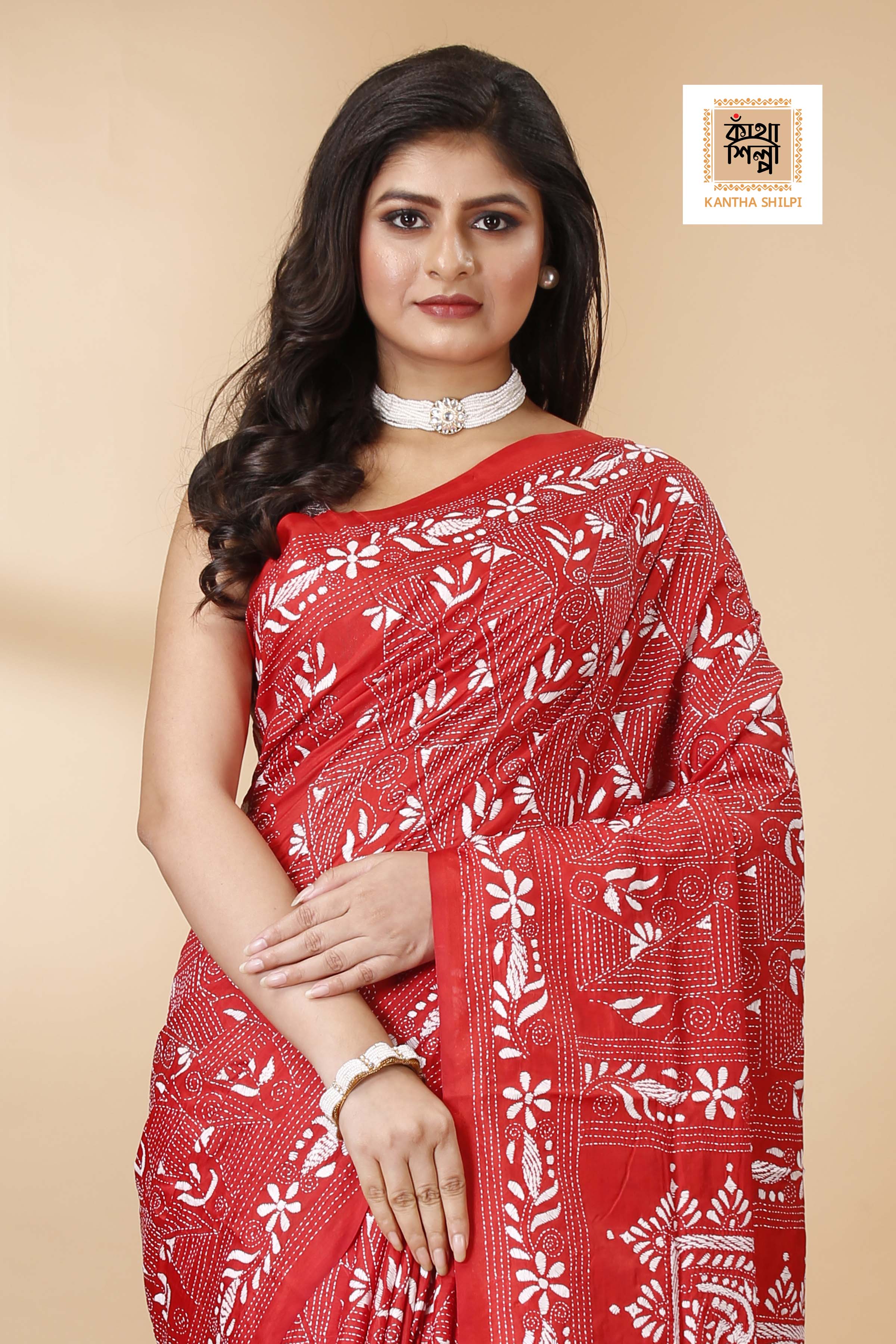 Bangalore Silk Single Thread Work Kantha Stitch Saree
