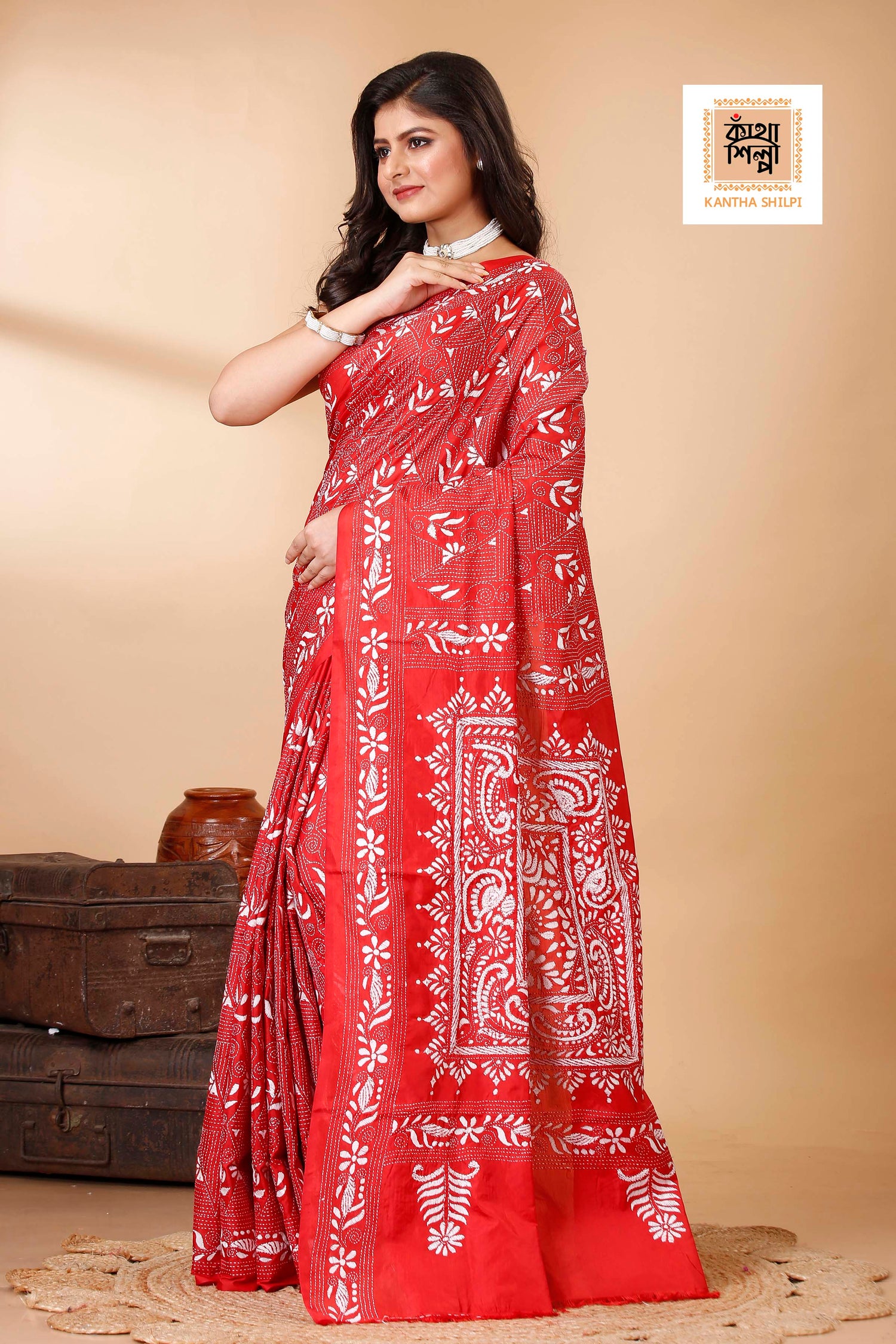 Bangalore Silk Single Thread Work Kantha Stitch Saree