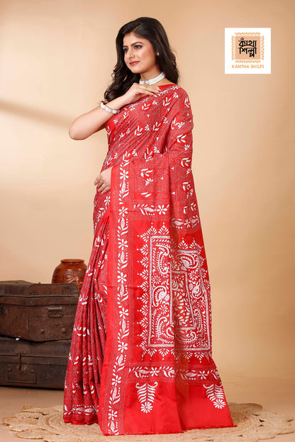 Bangalore Silk Single Thread Work Kantha Stitch Saree