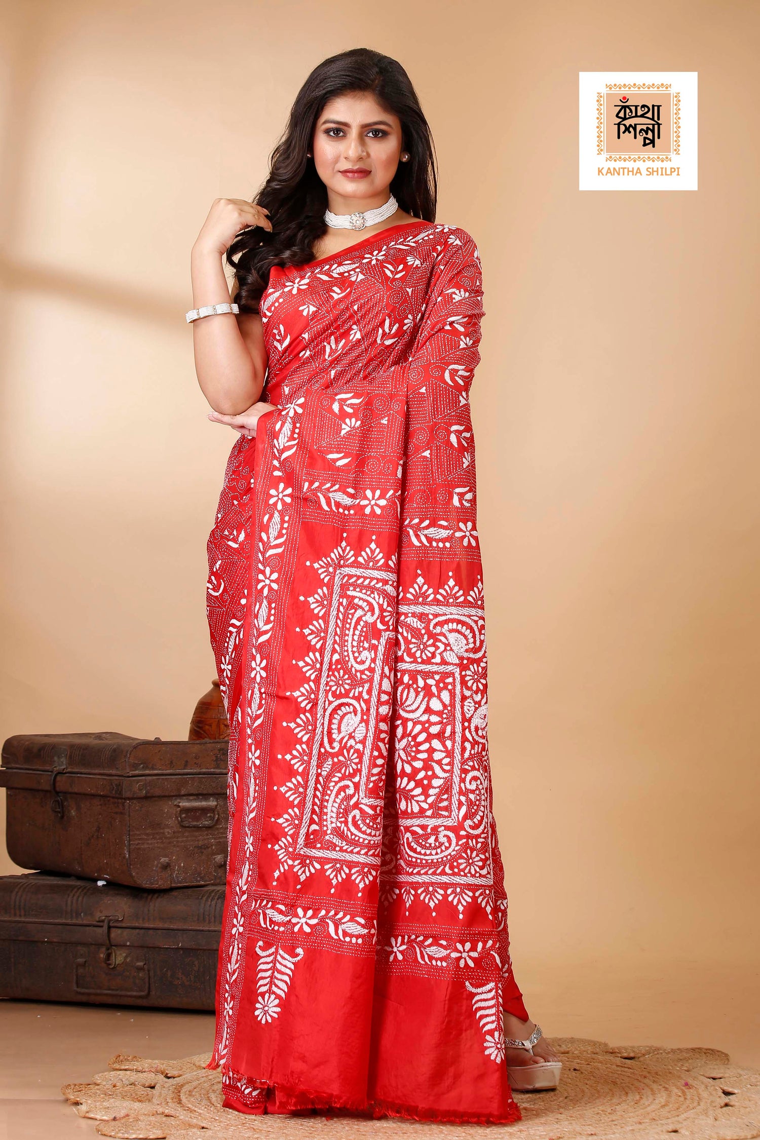 Bangalore Silk Single Thread Work Kantha Stitch Saree