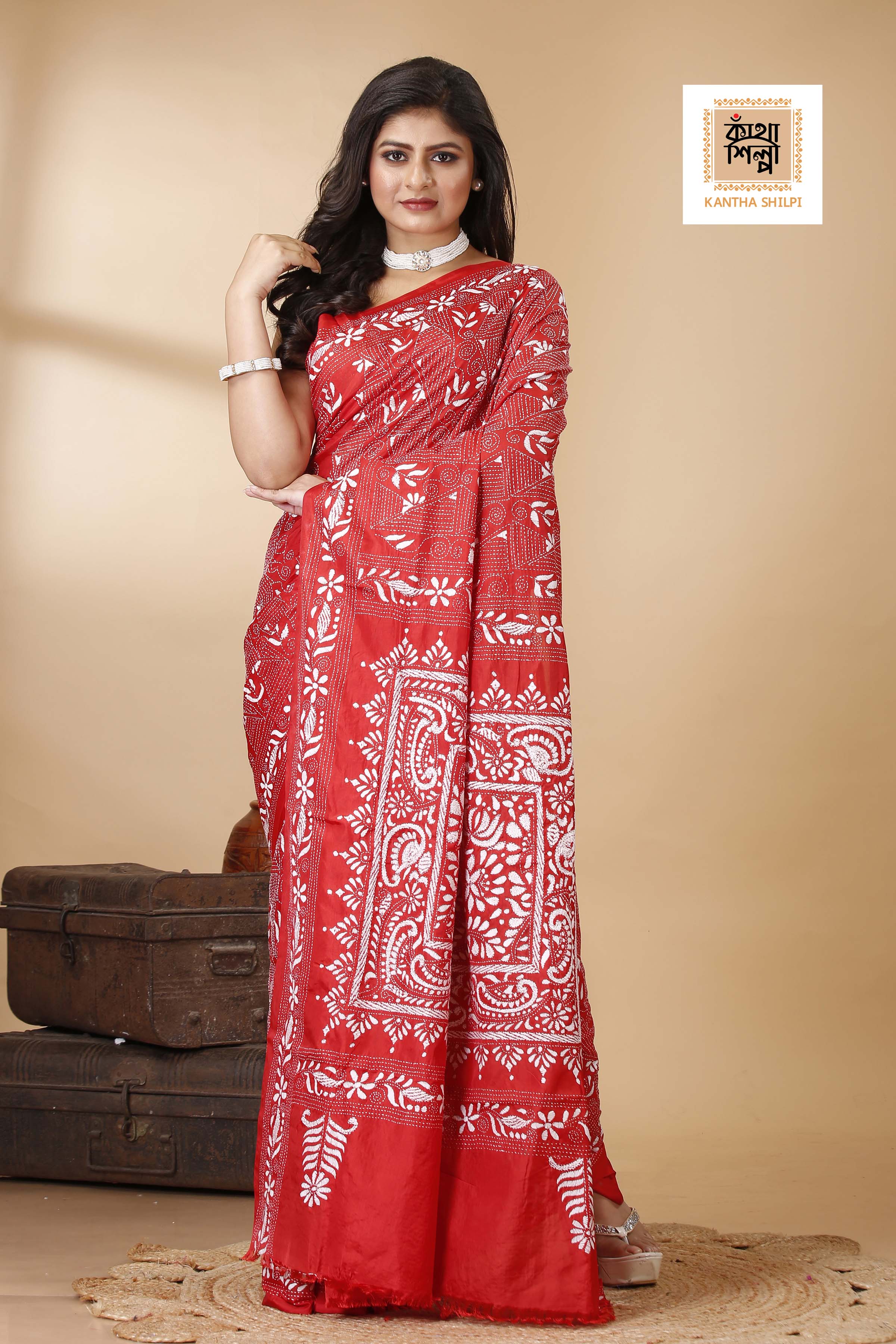 Bangalore Silk Single Thread Work Kantha Stitch Saree
