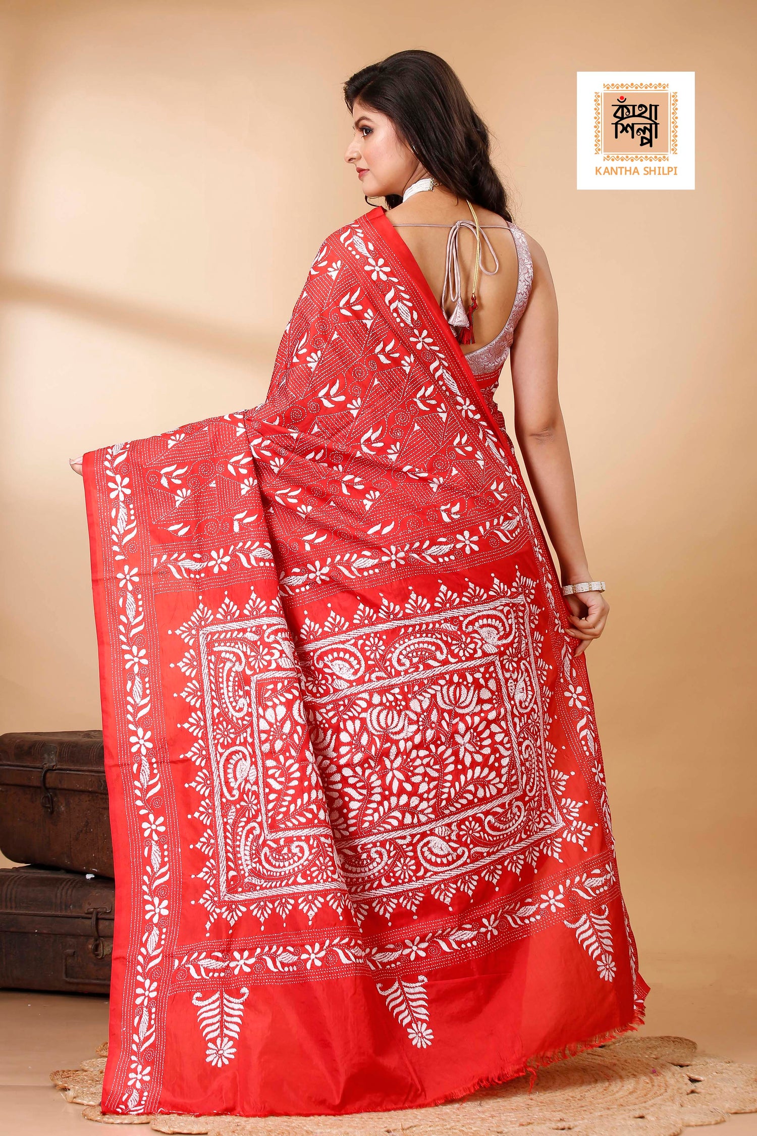 Bangalore Silk Single Thread Work Kantha Stitch Saree