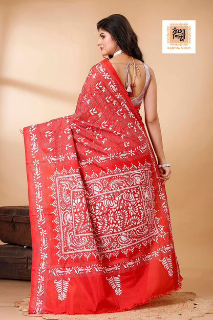 Bangalore Silk Single Thread Work Kantha Stitch Saree