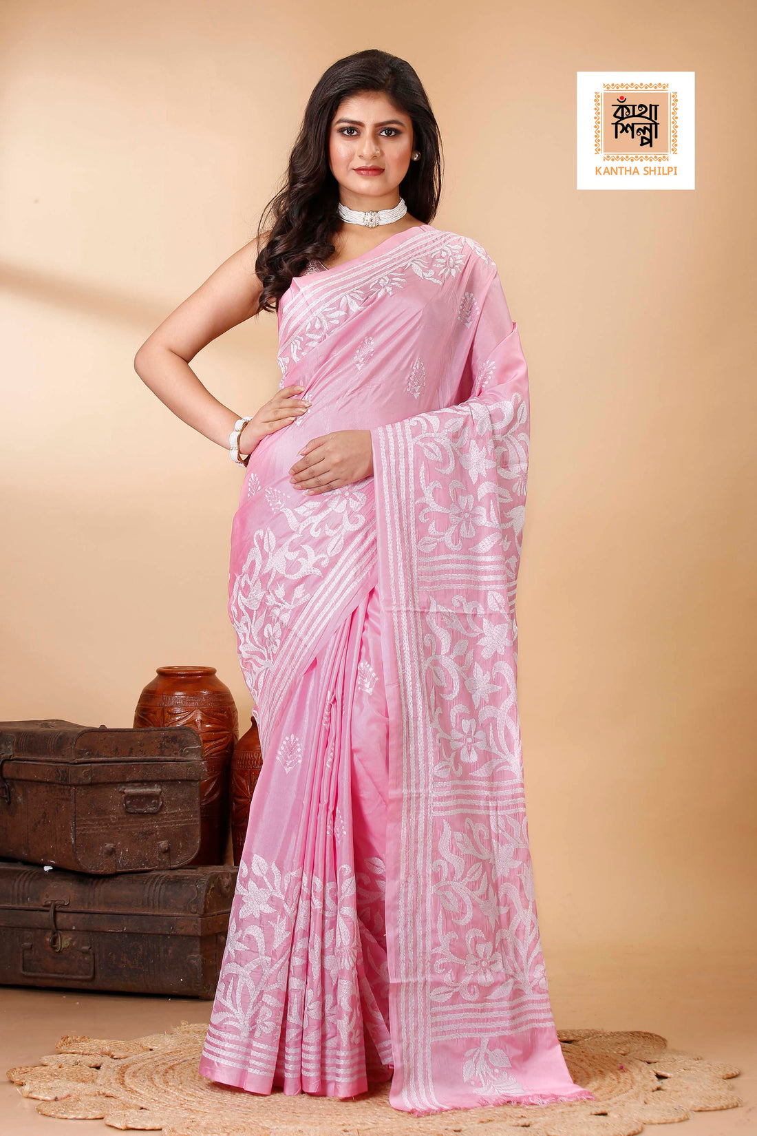 Bangalore Silk White Thread Work Floral Design Kantha Stitch Saree