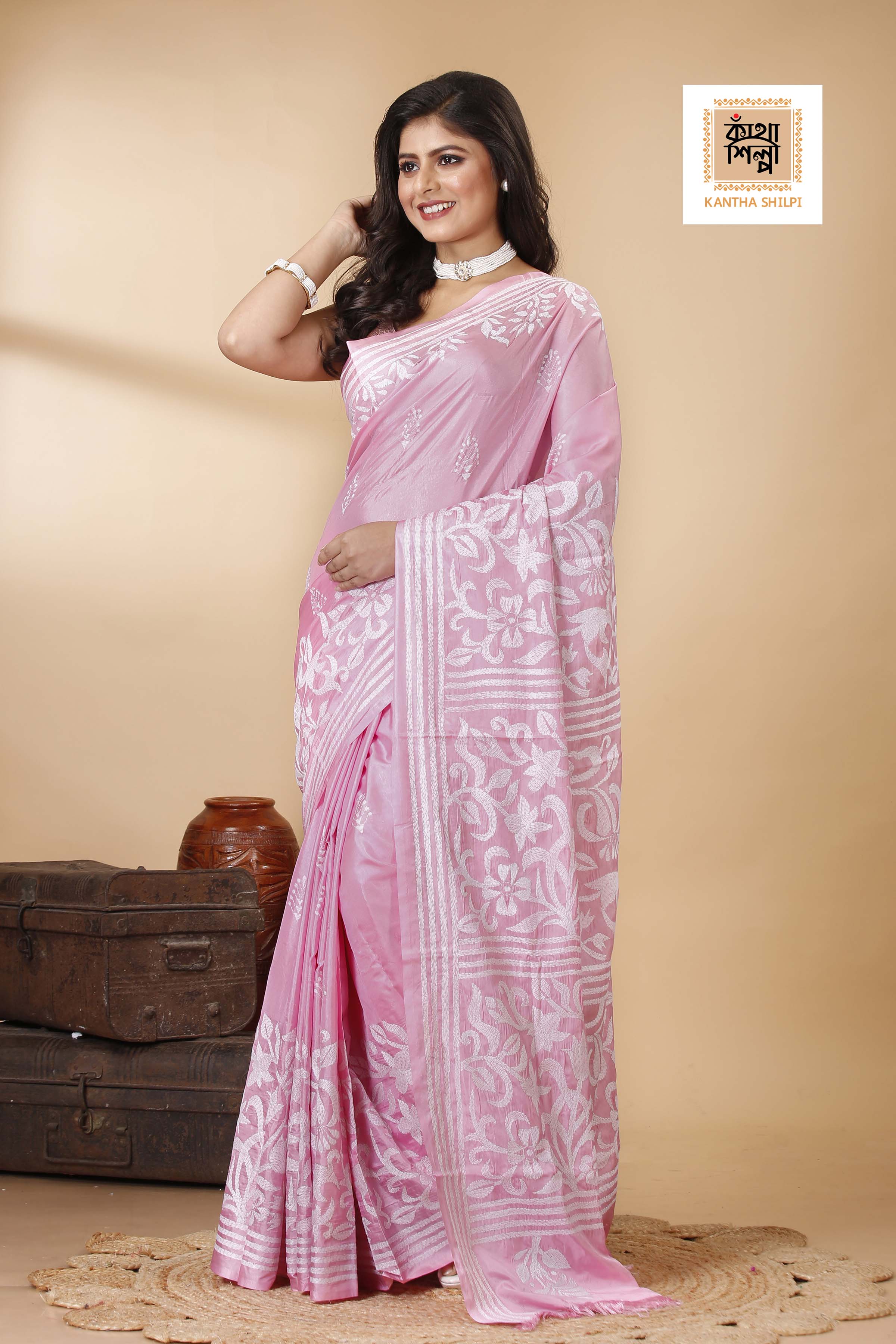 Bangalore Silk White Thread Work Floral Design Kantha Stitch Saree