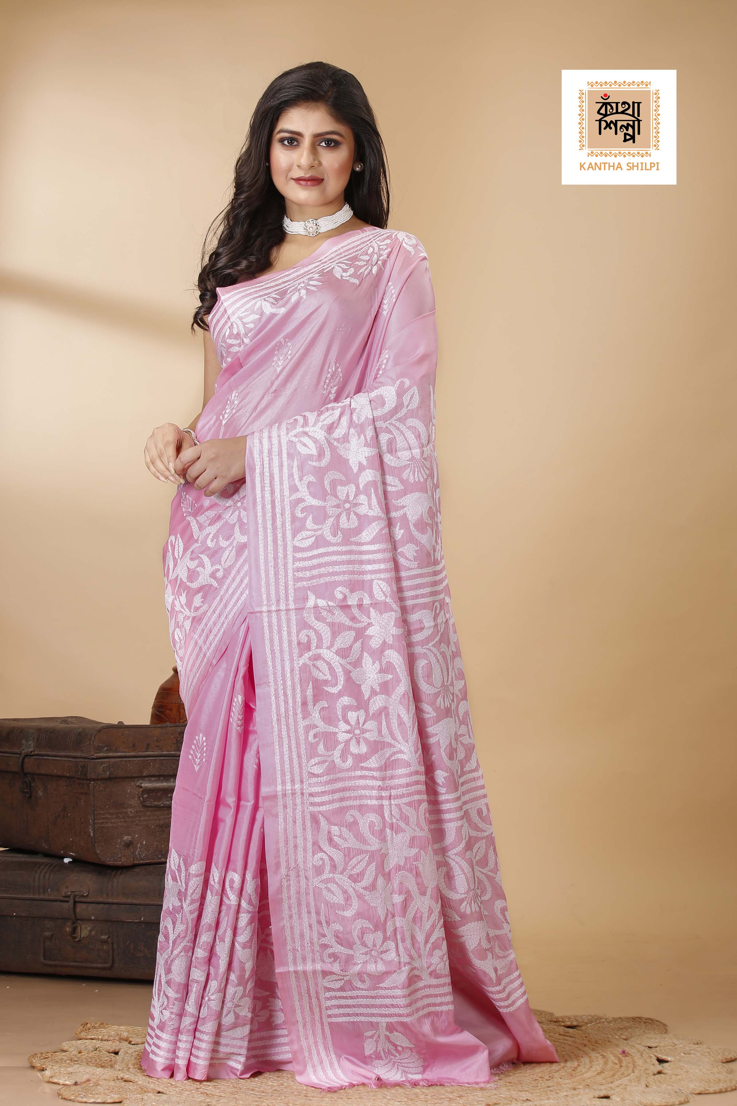Bangalore Silk White Thread Work Floral Design Kantha Stitch Saree