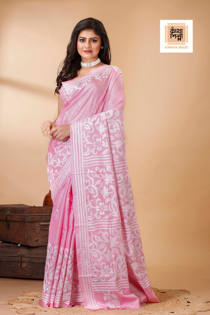 Bangalore Silk White Thread Work Floral Design Kantha Stitch Saree