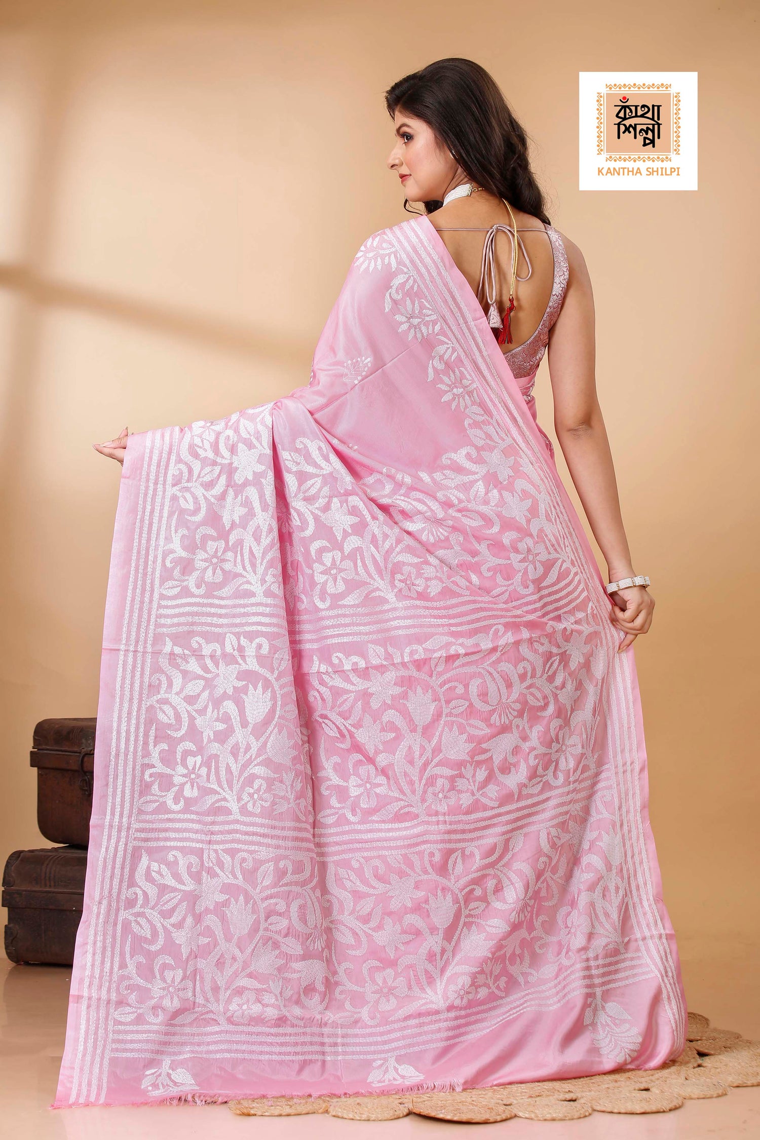 Bangalore Silk White Thread Work Floral Design Kantha Stitch Saree