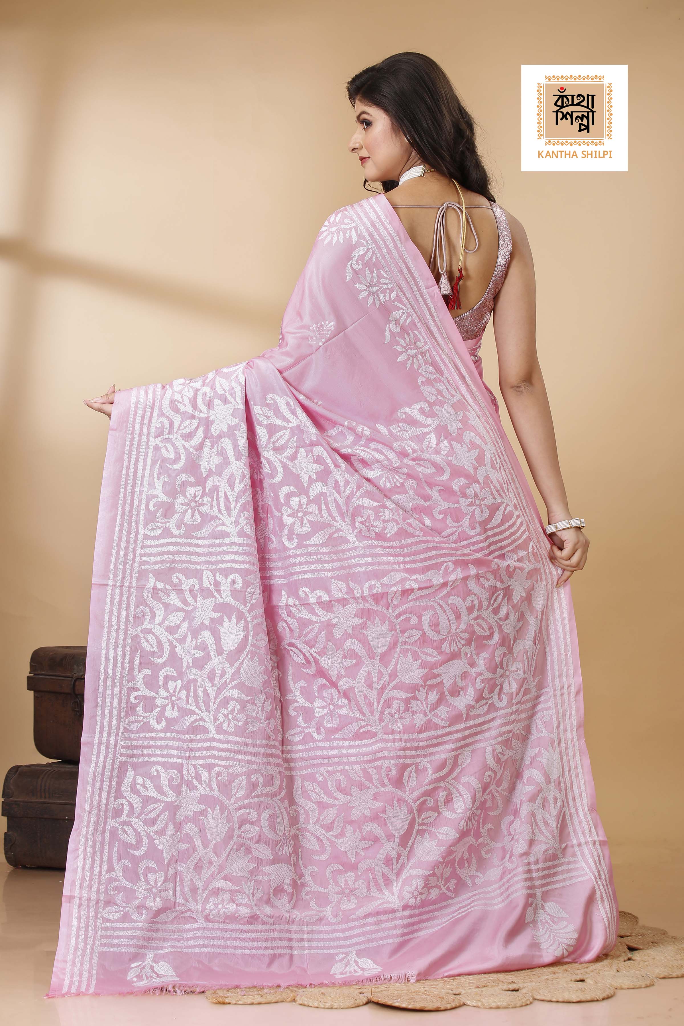 Bangalore Silk White Thread Work Floral Design Kantha Stitch Saree