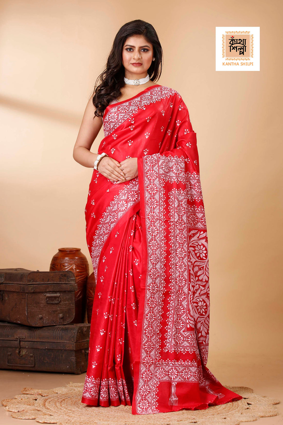 Red Pure Bangalore Silk White Color Thread Work Floral Kantha Stitch Saree