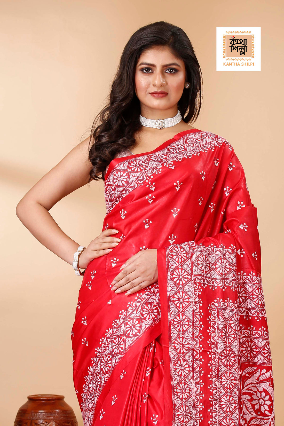 Red Pure Bangalore Silk White Color Thread Work Floral Kantha Stitch Saree