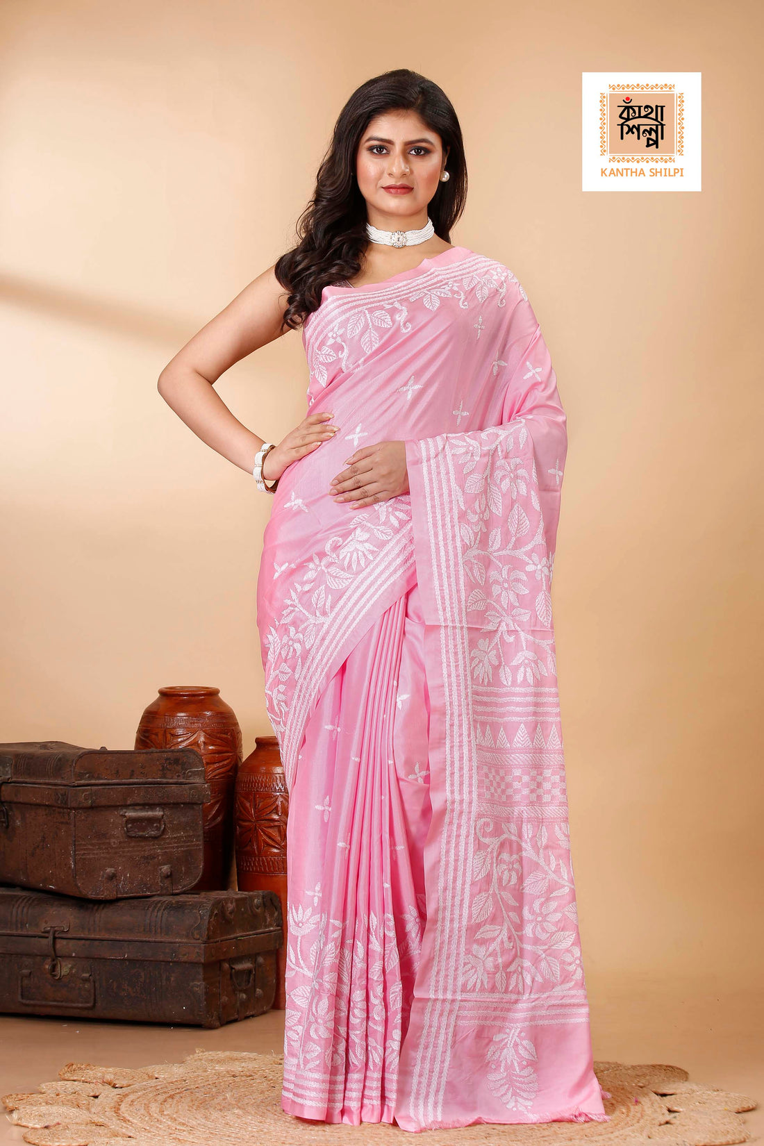 Bangalore Silk White Thread Work Floral Design Kantha Stitch Saree