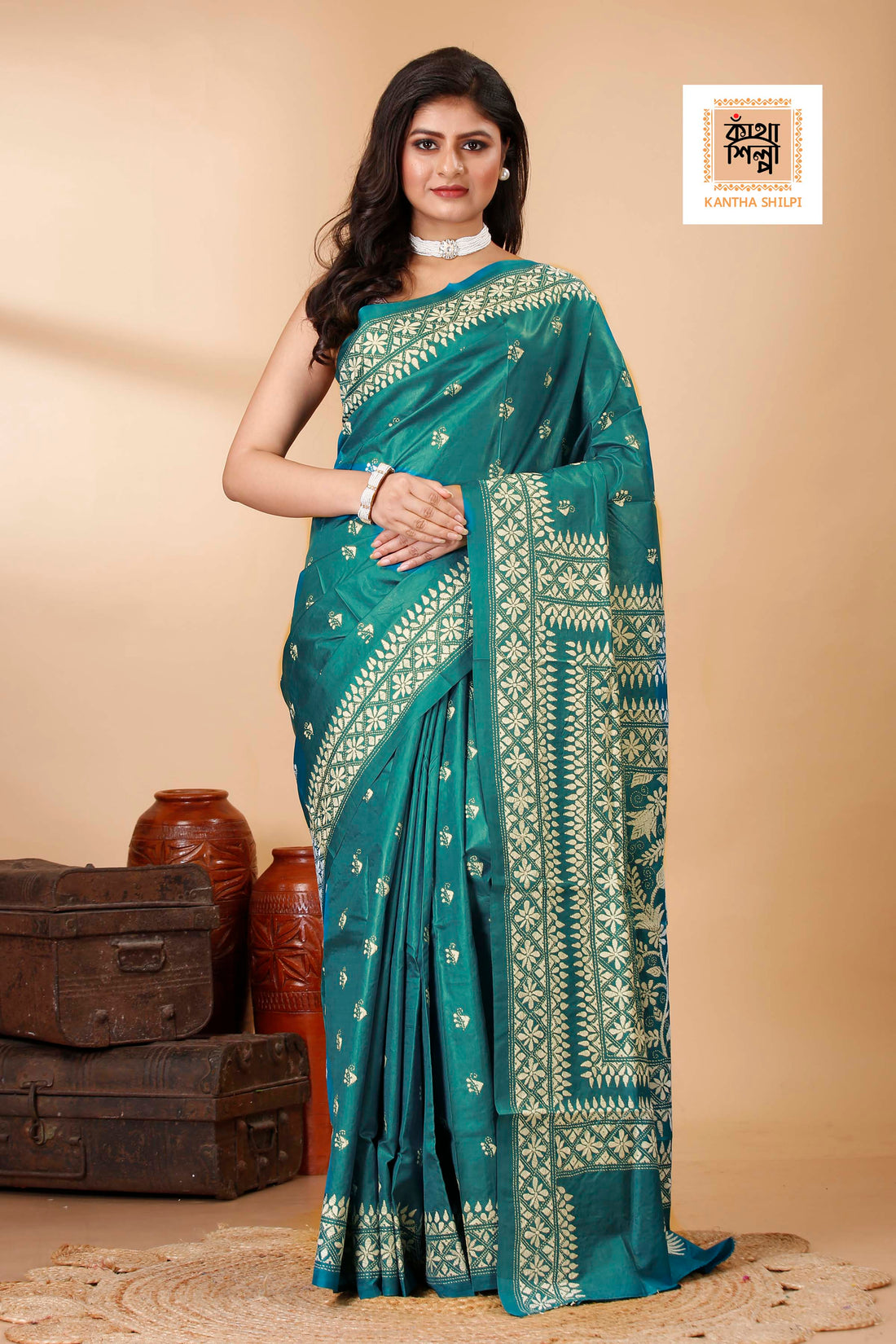Pure Bangalore Silk White Color Thread Work Floral Kantha Stitch Saree