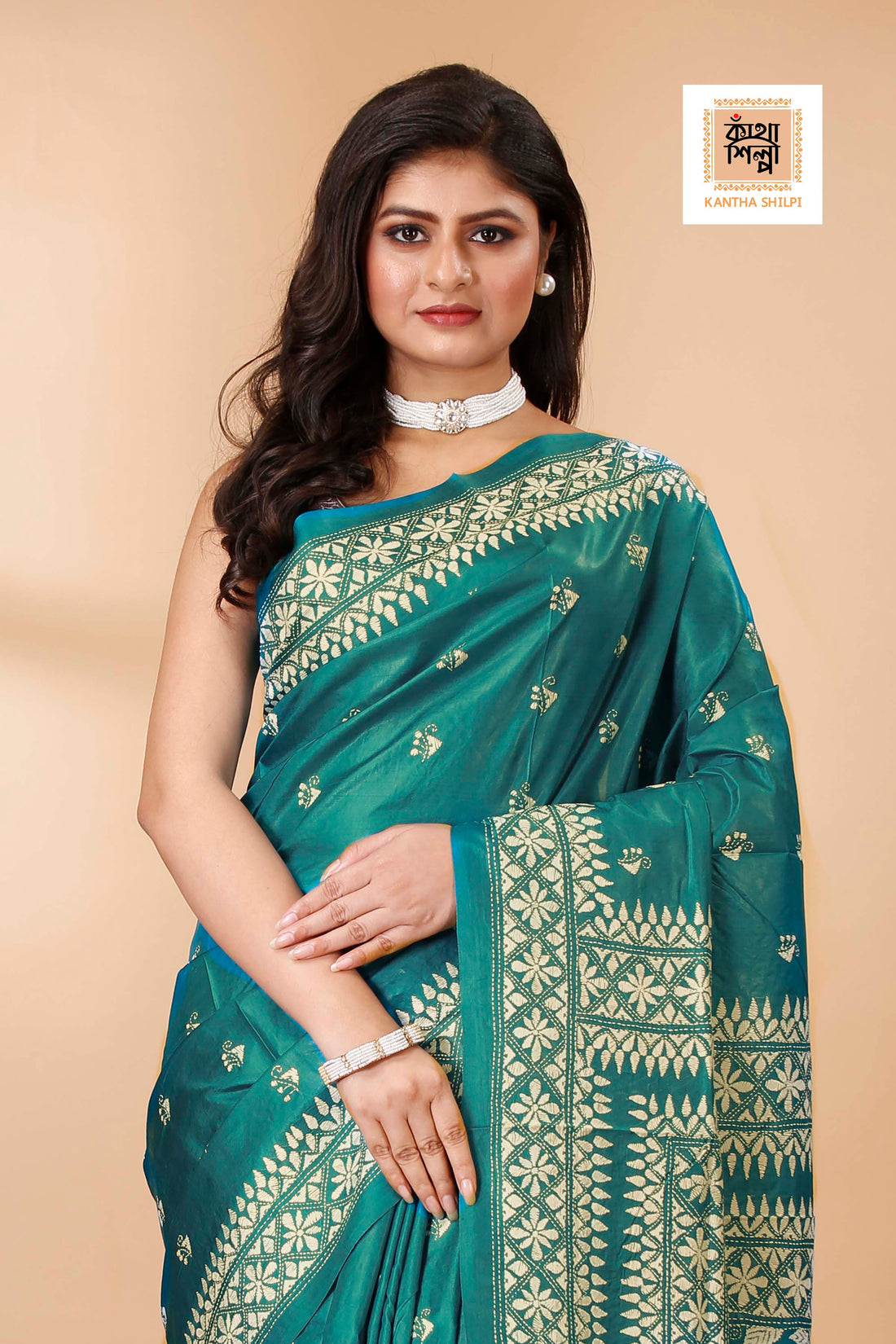 Pure Bangalore Silk White Color Thread Work Floral Kantha Stitch Saree