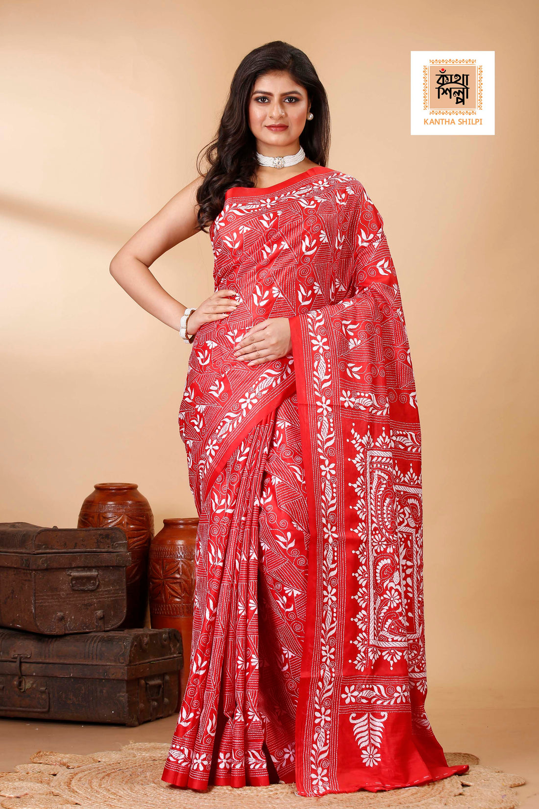 Bangalore Silk White Thread Work Floral Motif Kantha Stitch Saree