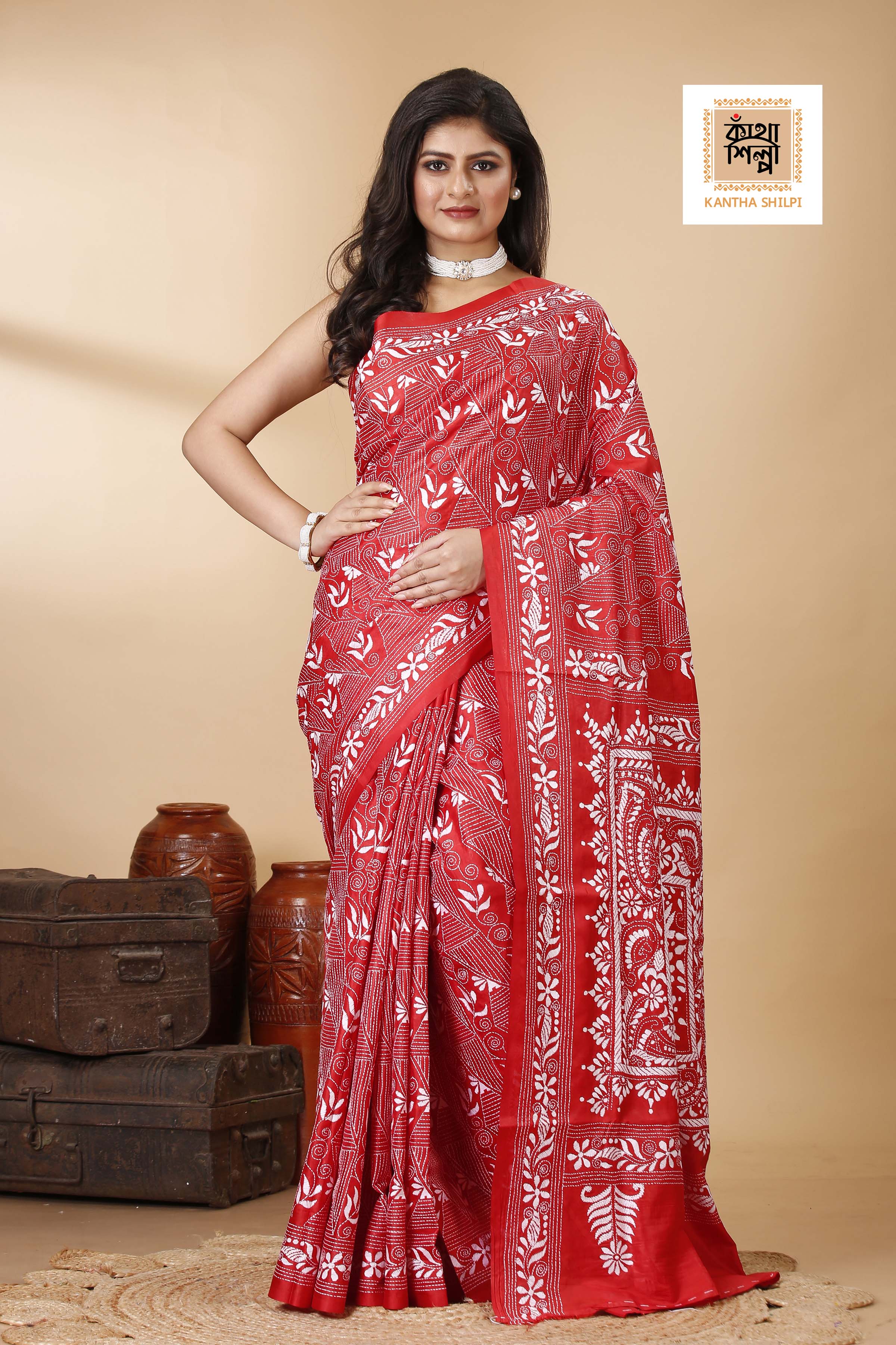 Bangalore Silk White Thread Work Floral Motif Kantha Stitch Saree