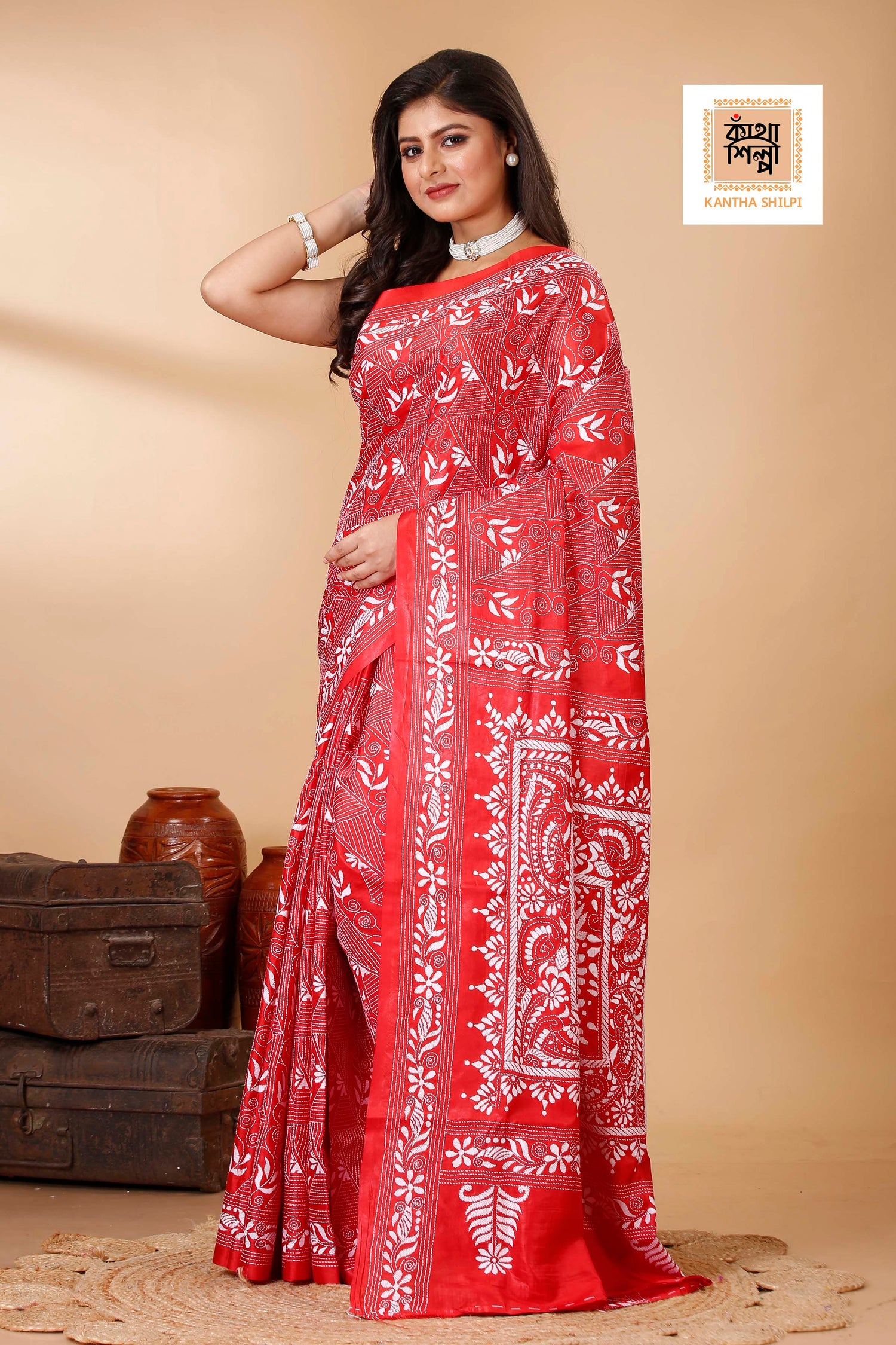 Bangalore Silk White Thread Work Floral Motif Kantha Stitch Saree
