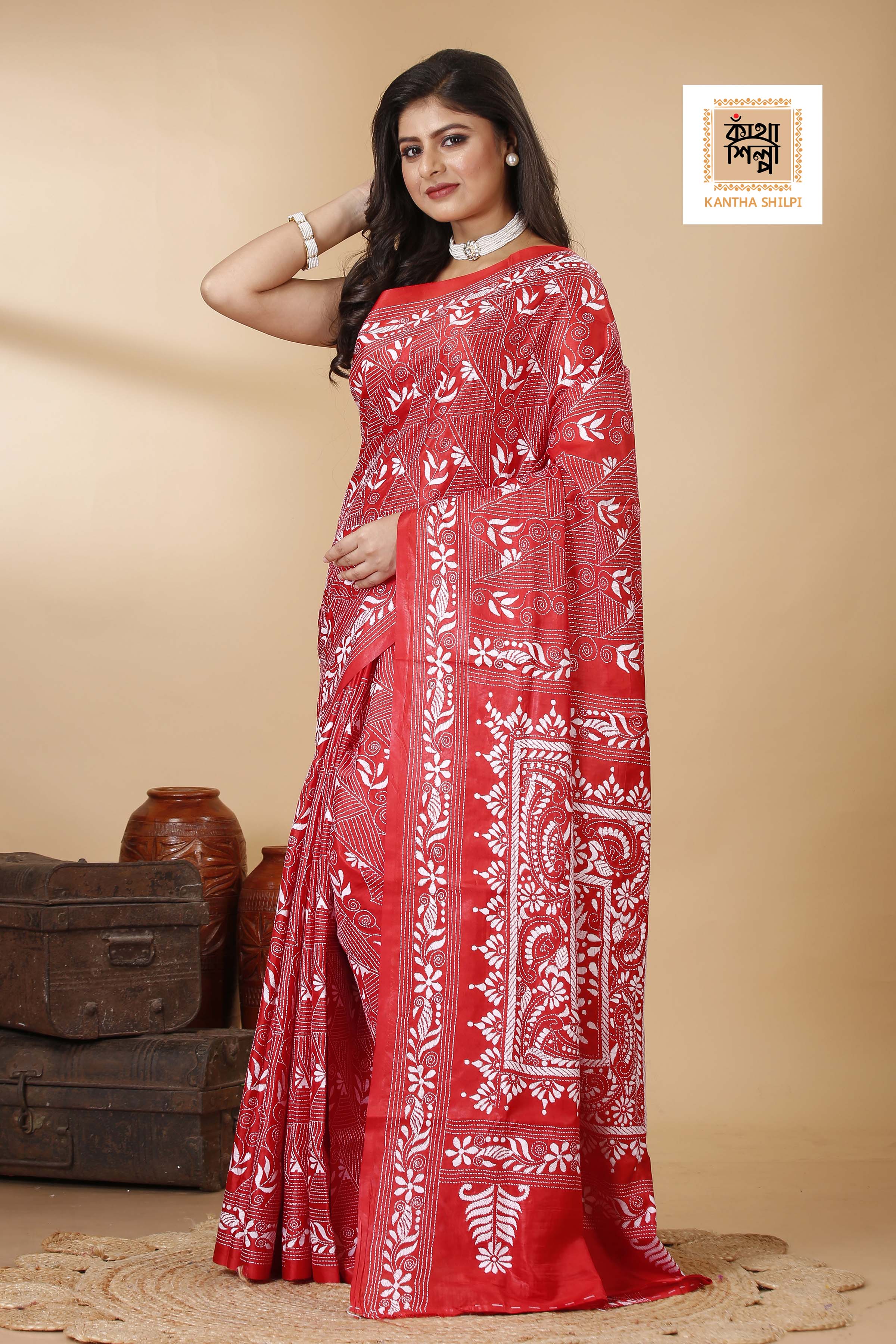 Bangalore Silk White Thread Work Floral Motif Kantha Stitch Saree