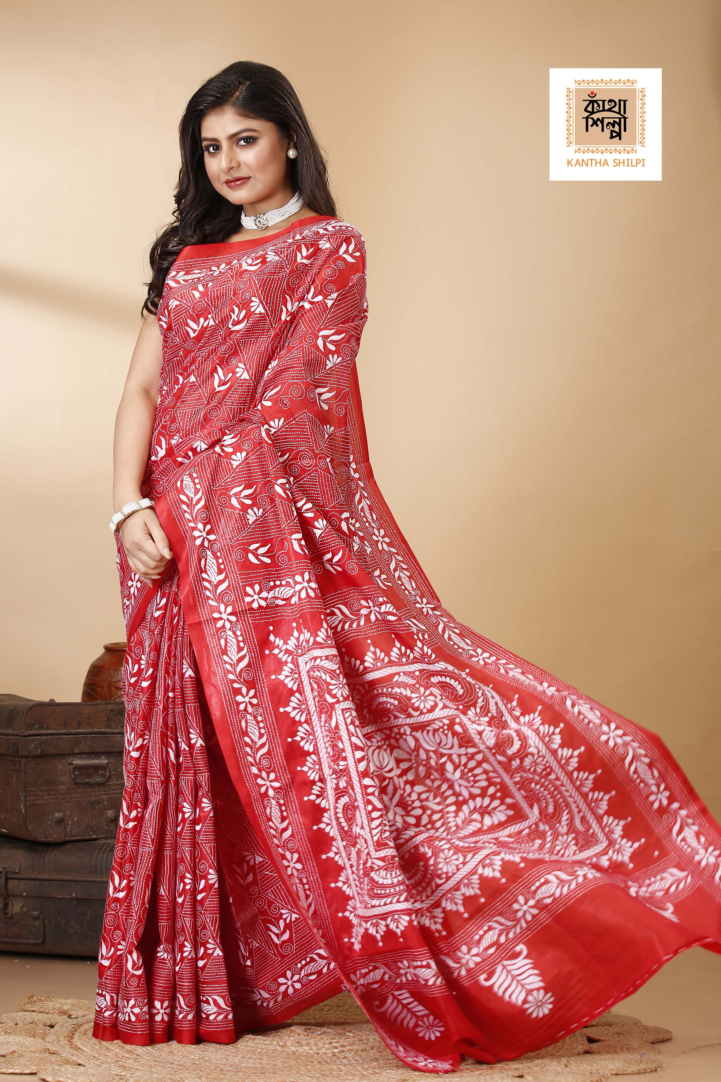 Bangalore Silk White Thread Work Floral Motif Kantha Stitch Saree