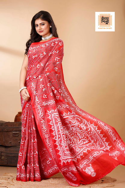Bangalore Silk White Thread Work Floral Motif Kantha Stitch Saree