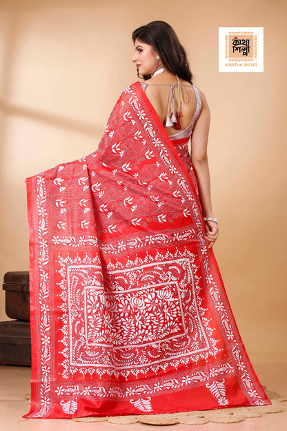 Bangalore Silk White Thread Work Floral Motif Kantha Stitch Saree