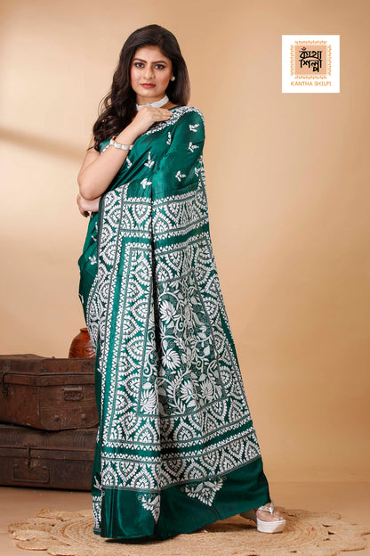 Green Pure Bangalore Silk White Color Thread Work Floral Motif Kantha Stitch Saree