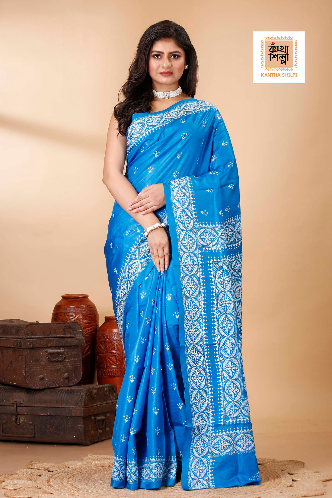 Pure Bangalore Silk White Color Thread Work Floral Design Kantha Stitch Saree