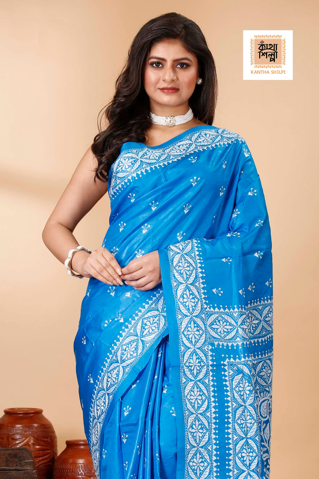 Pure Bangalore Silk White Color Thread Work Floral Design Kantha Stitch Saree