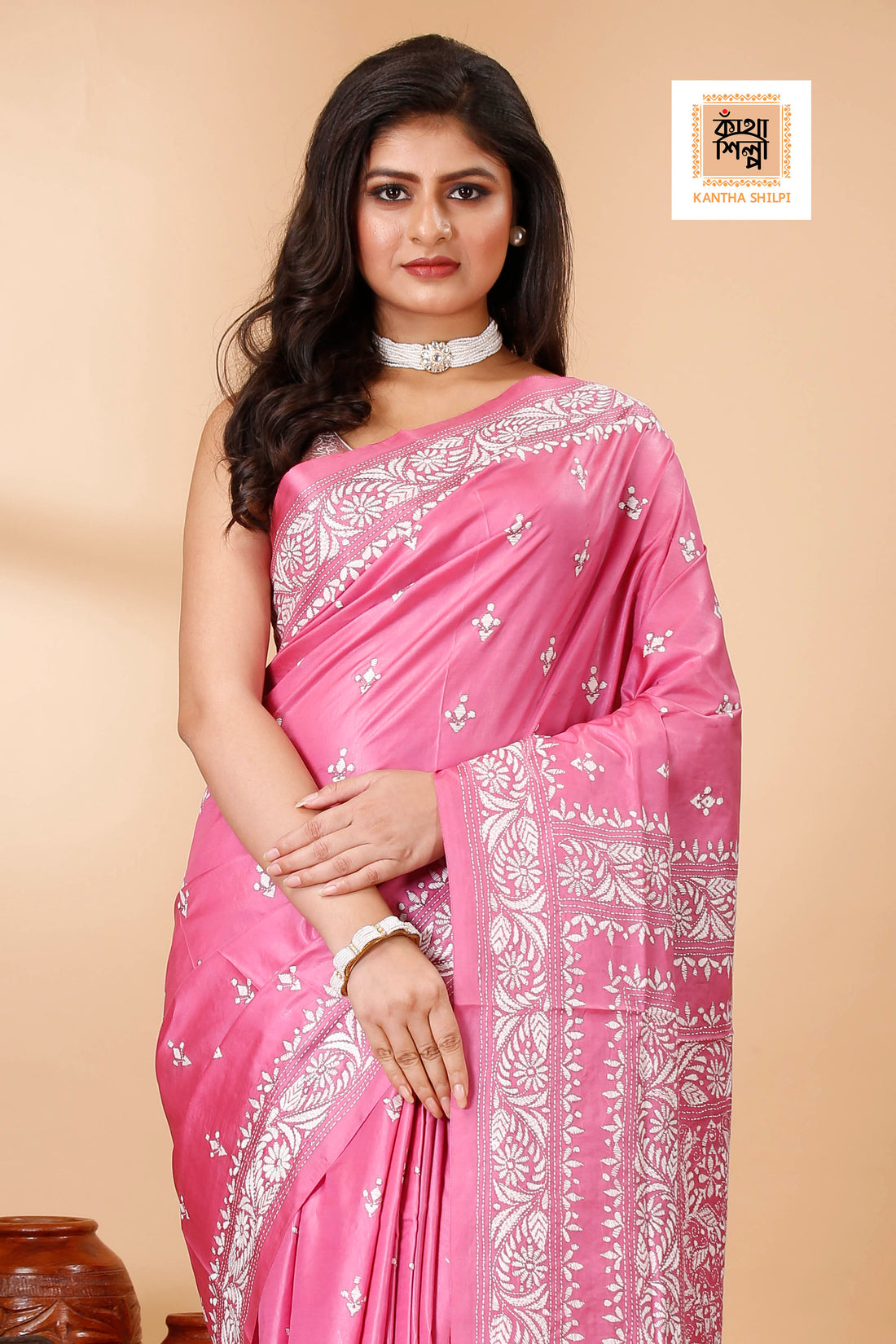 Pink Pure Bangalore Silk White Color Thread Work Floral Kantha Stitch Saree