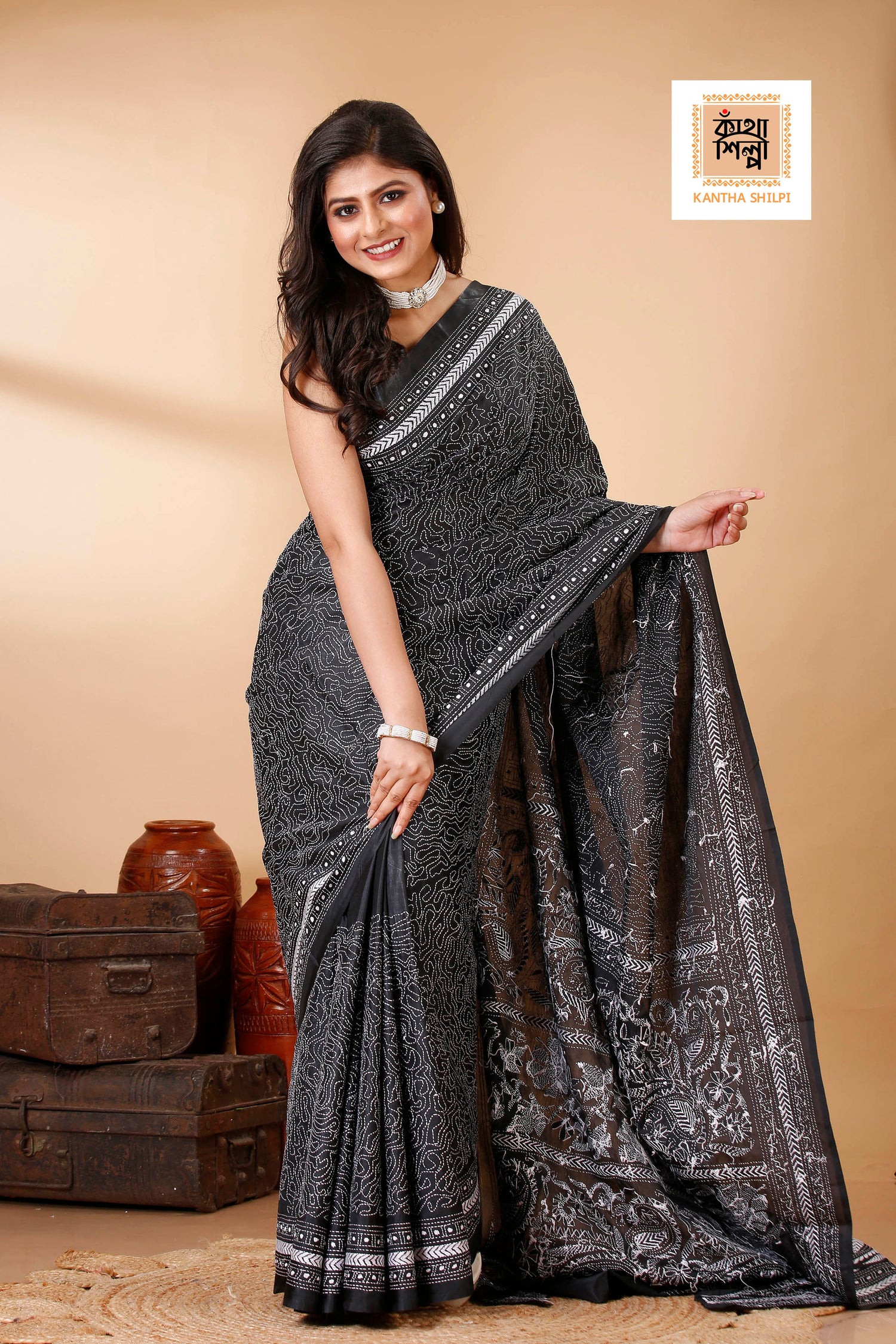 Bangalore Silk Single Thread Work Kantha Stitch Saree