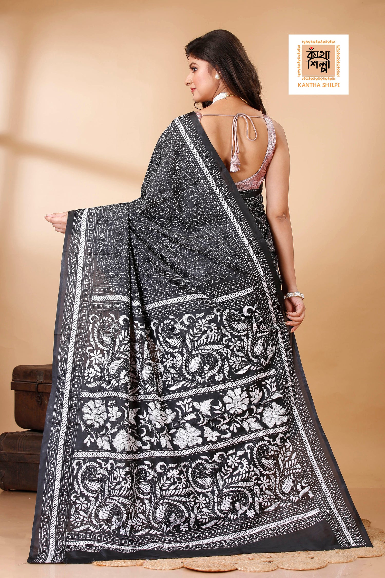 Bangalore Silk Single Thread Work Kantha Stitch Saree